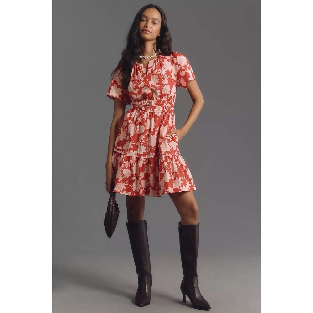 Anthropologie Somerset Mini Dress Womens S Red Peach All Over Print Floral